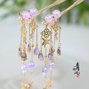 Pair of Linlang purple bead tassel hair pins with gold tone sticks and maple leaf style charms for Hanfu hairstyles