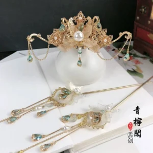 Amethyst Linyu Hanfu hair accessory set with gold-tone floral crown, pearl centerpiece, green-blue tassel pendants and matching hairpins flat lay