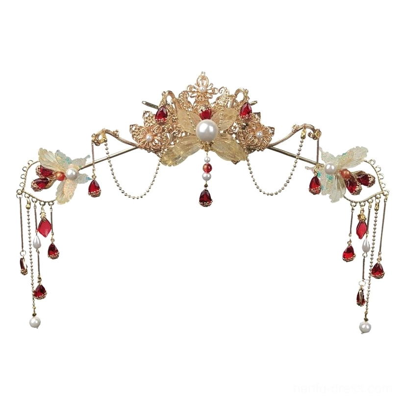 Close front view of red Linyu Hanfu floral hair crown with pearl-like center, red pendants, side chain tassels and matching hair decorations