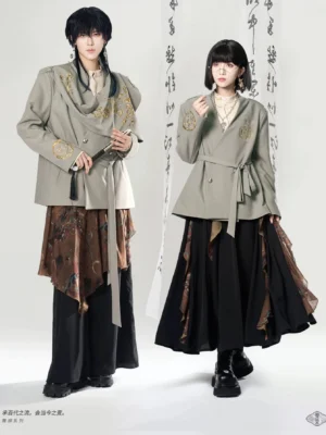 Front full-body view of gray green lion dance embroidered modern Hanfu loose jacket styled with layered New Chinese fashion outfit