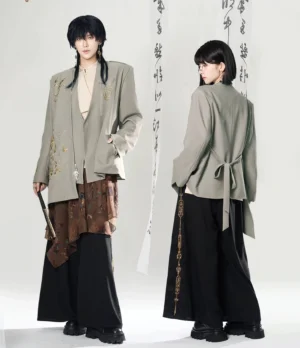 Side and back views of lion dance embroidery New Chinese Style loose jacket showing open front styling and waist tie detail