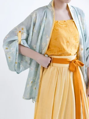 Modern Song Dynasty Hanfu cardigan set with light blue daisy floral outer robe golden jacquard camisole and bow waist skirt