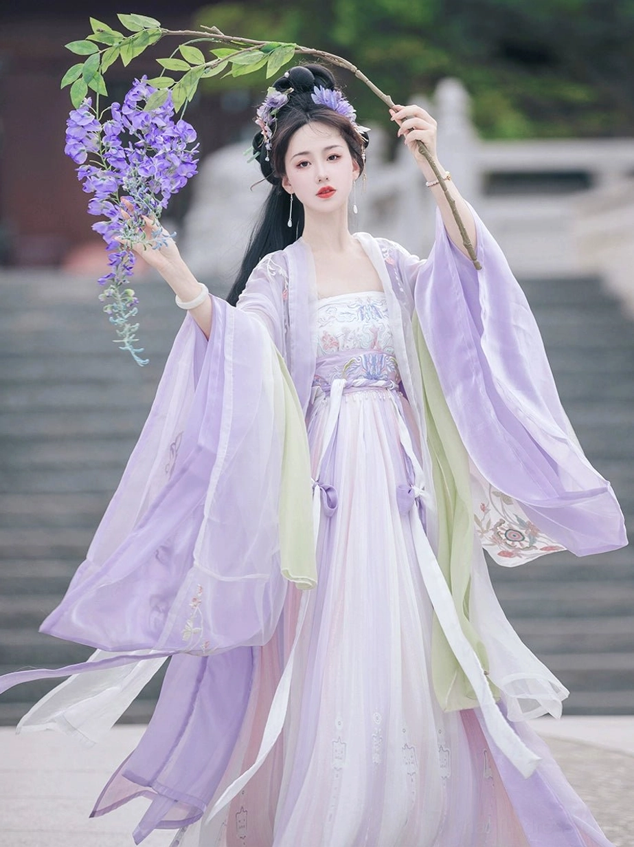 Little Grape Tang style purple Heziqun Hanfu with floral embroidery, gradient purple white skirt, and wisteria branch styling