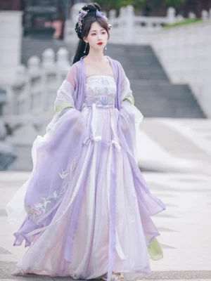Little Grape purple Tang Dynasty style Heziqun Hanfu complete set front three-quarter view with gradient skirt, embroidered outer coat, and wide sleeves
