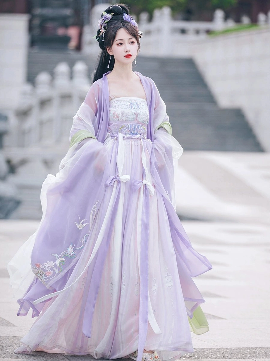 Little Grape purple Tang Dynasty style Heziqun Hanfu complete set front three-quarter view with gradient skirt, embroidered outer coat, and wide sleeves