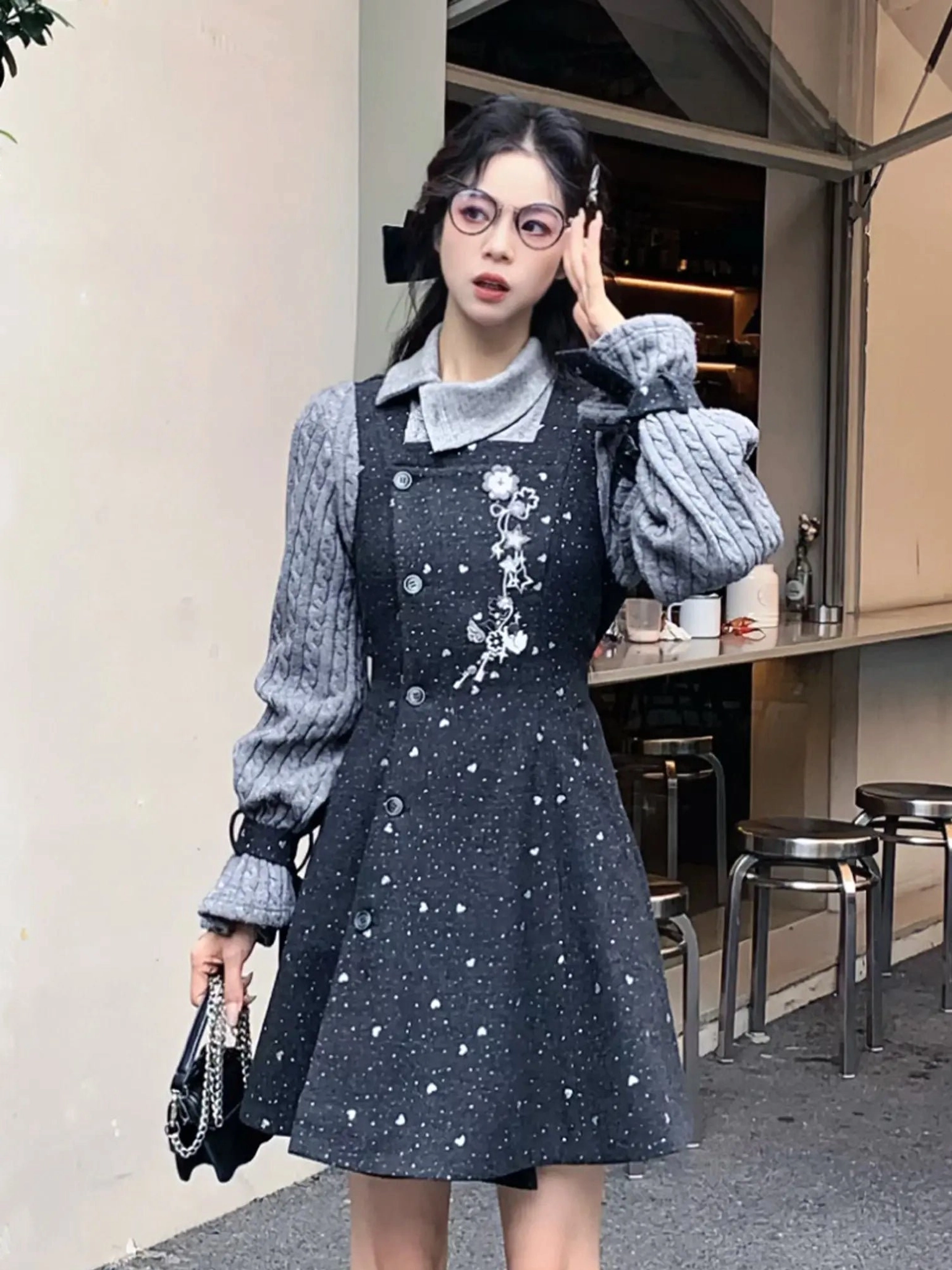 Full front view of grey New Chinese style Modern Hanfu midi dress with high neck and textured dotted skirt