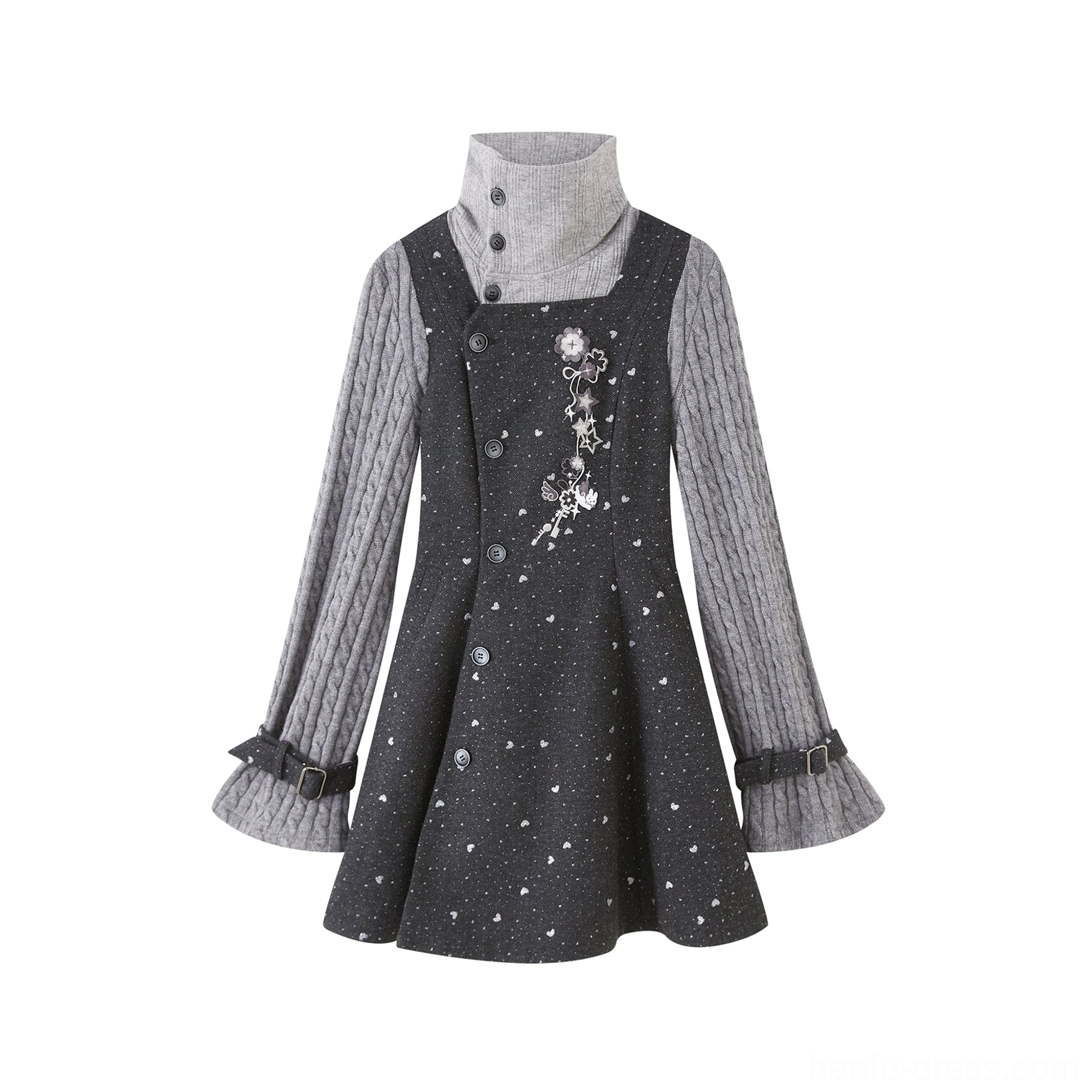 Flat lay of Little Luck Modern Hanfu fitted grey midi dress showing high neckline floral embroidery dotted A-line skirt and buckle cuffs