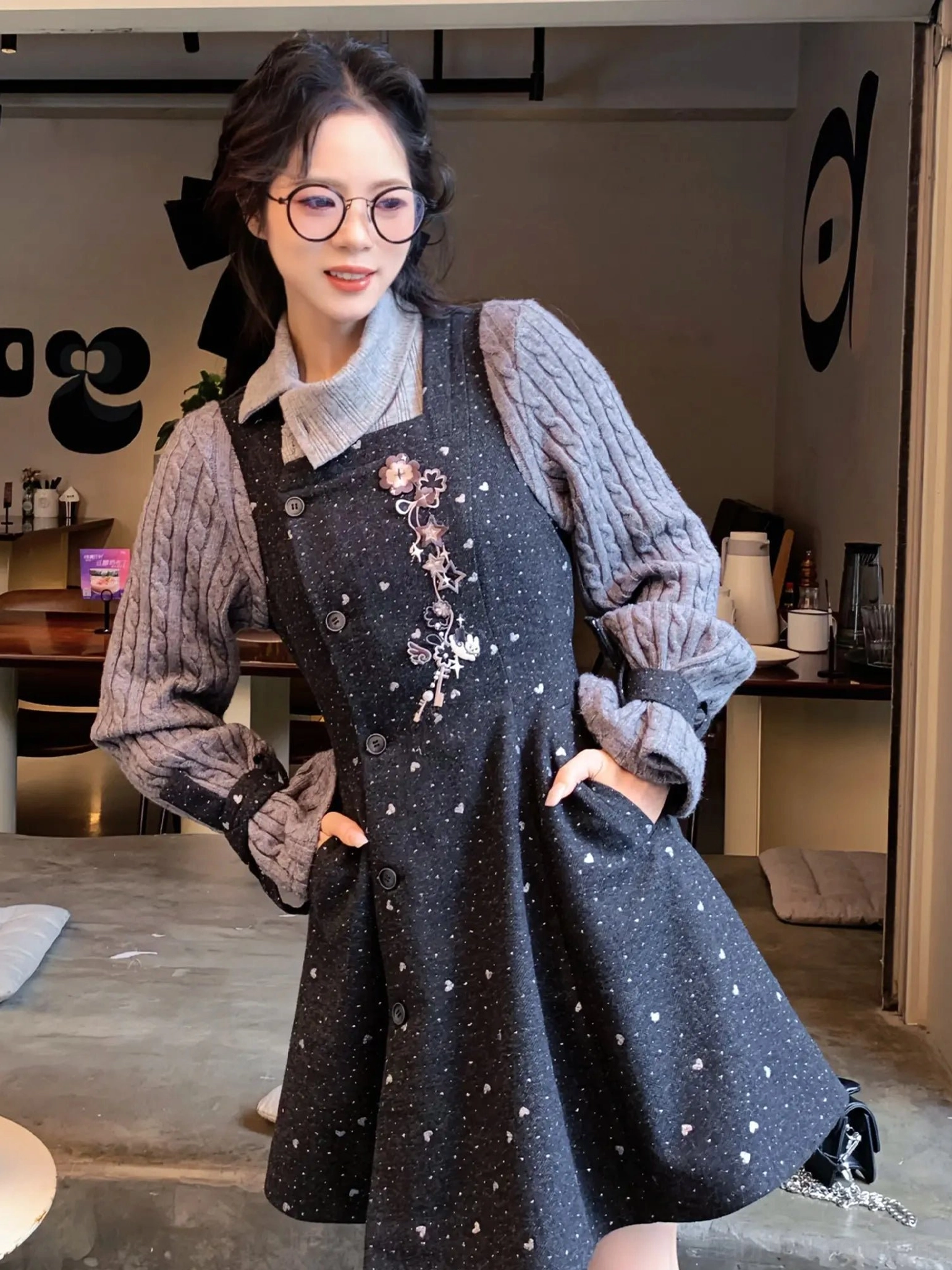 Little Luck modern Hanfu grey midi dress with floral embroidery side pockets and long buckle cuff sleeves