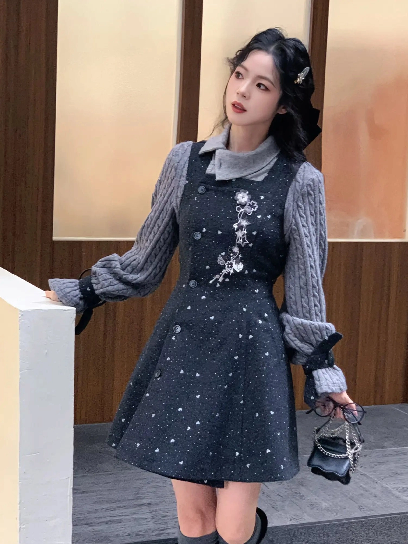 Side view of Little Luck New Chinese style fitted midi dress with asymmetrical buttons and flared A-line skirt