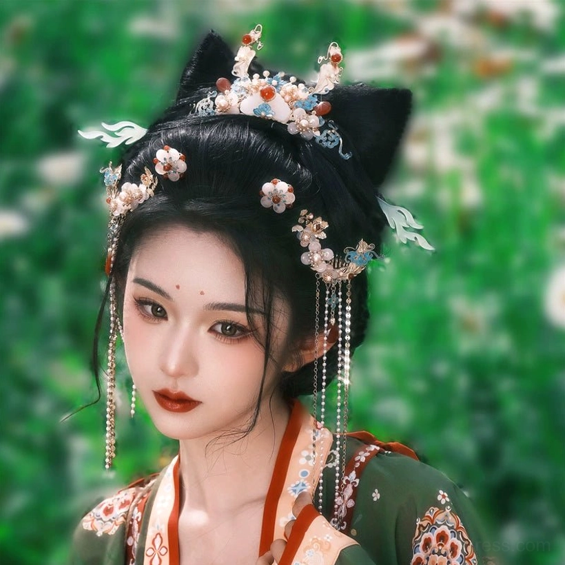 Model wearing the complete Little Rabbit Fairy Chinese Hanfu hair accessory set with cat ear inspired buns, floral hairpins, long tassels, pearls, and cloisonne style ornaments
