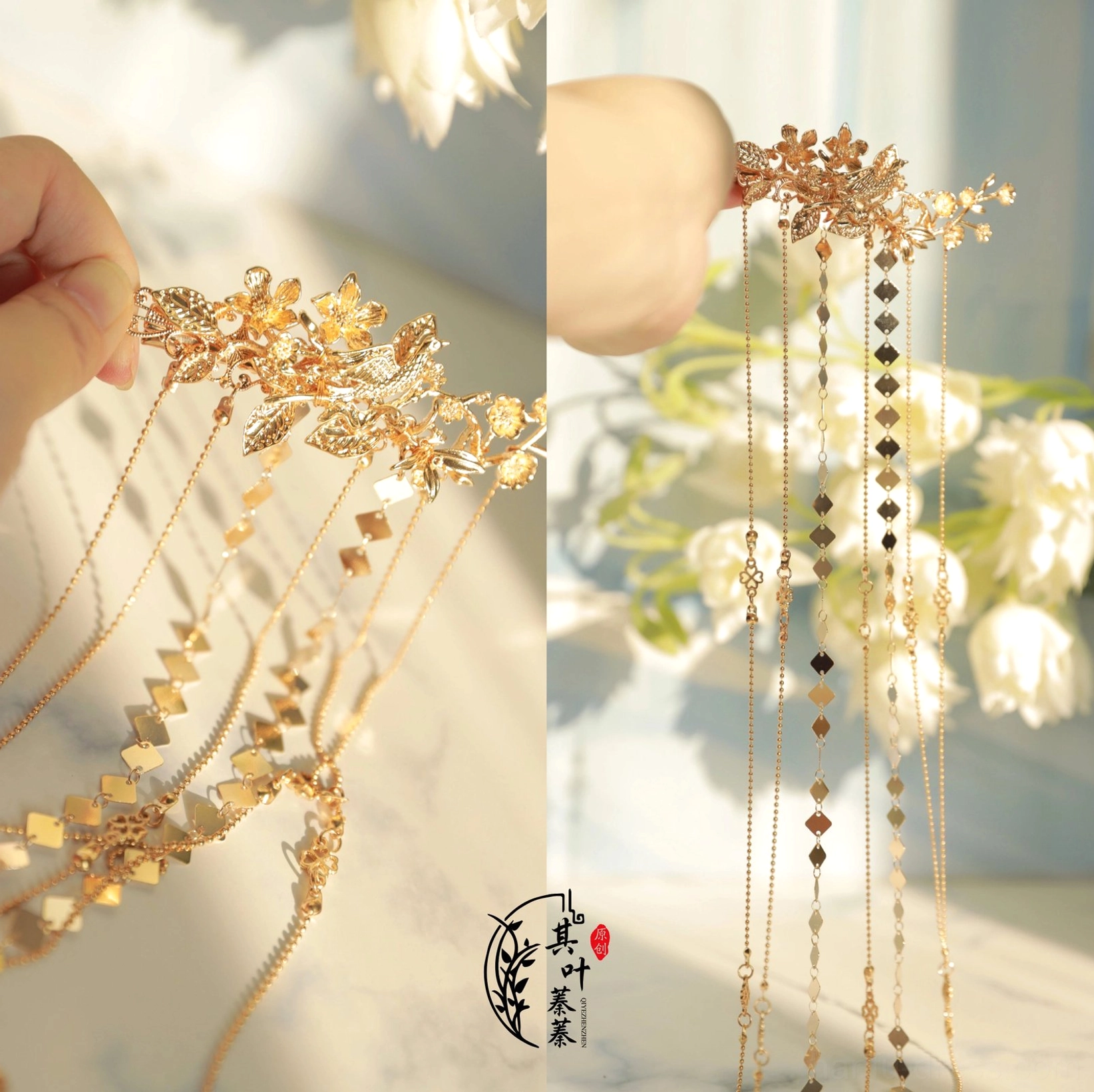 Side detail of a Liudai Hanfu hairpin showing the delicate vintage gold floral cluster and connected fine metal chains