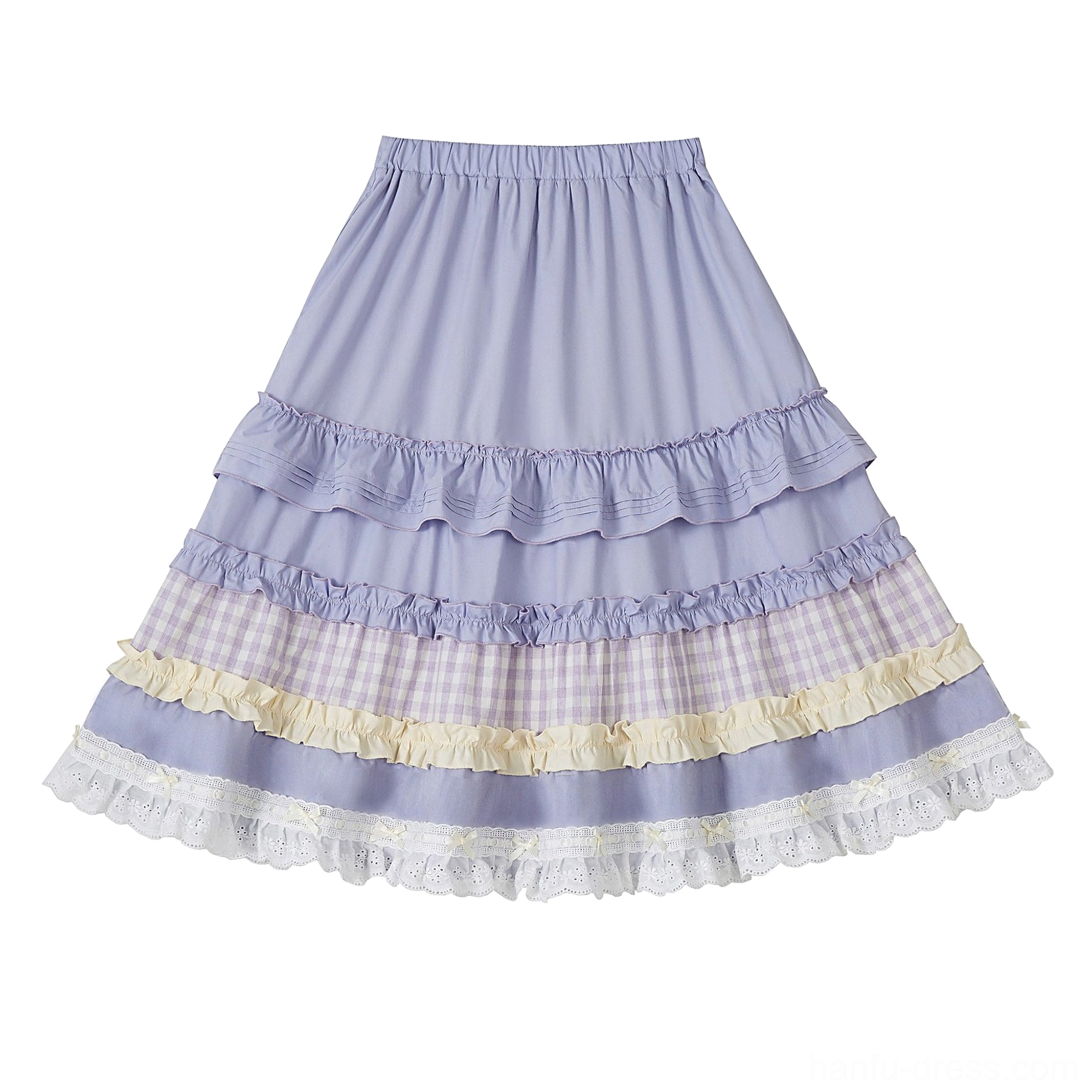Front view of long dusty purple layered Han Lolita skirt with tiered ruffles lace and gingham trim