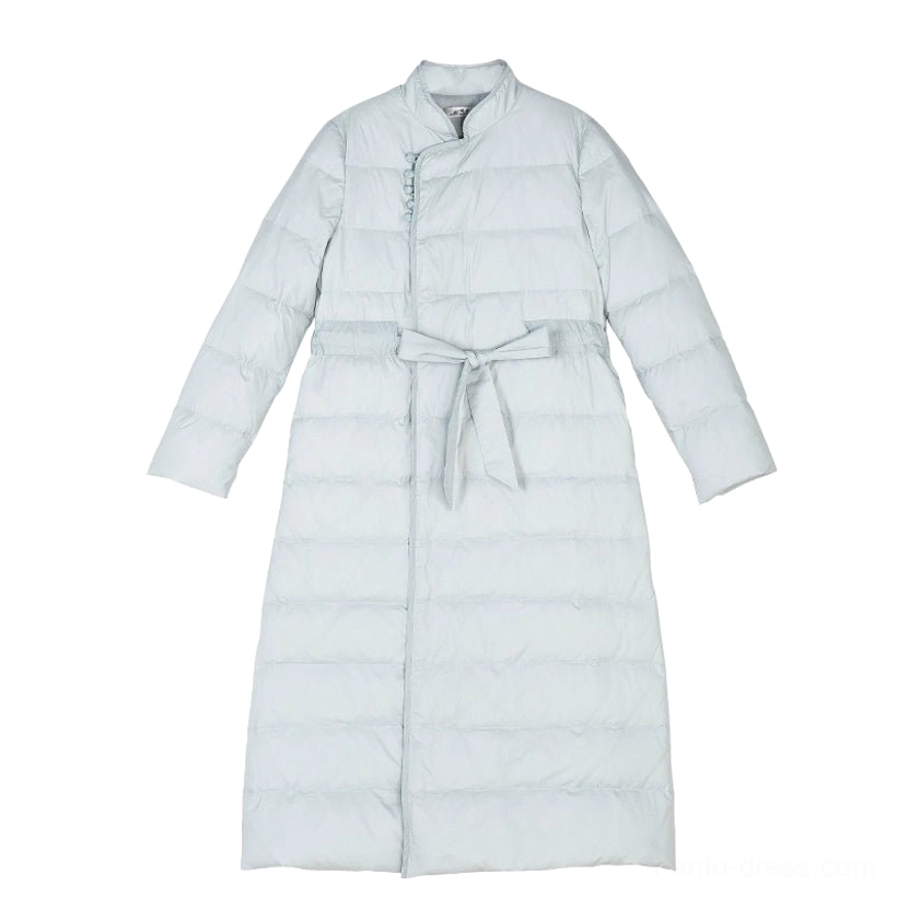 Flat lay back view of a long Hanfu inspired Chinese style winter down coat in solid light blue with quilted texture rear stand collar and waist tie