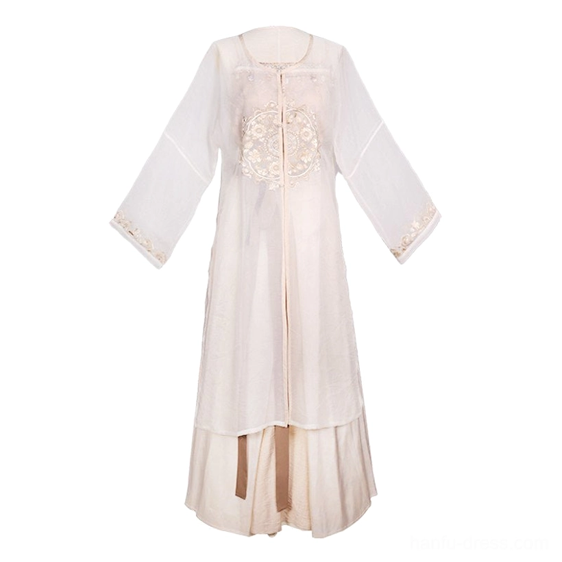 Flat lay of a long sheer Chinese style Hanfu cardigan set with circular floral embroidery, contrast cuffs and hem, and layered skirt-inspired styling