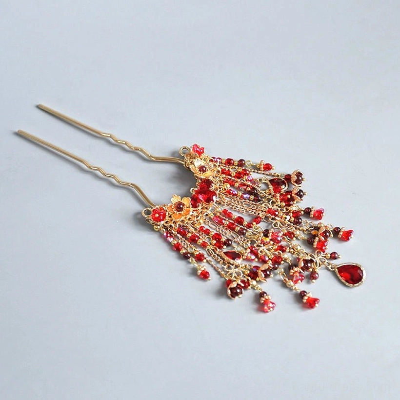 Long traditional Chinese hanfu hair pin spread flat with gold double-pronged stick red beads tassel fringe and pendant