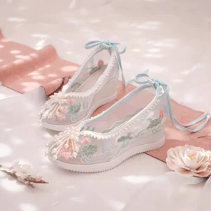 Lotus embroidered Hanfu wedge shoes with sheer mesh uppers, pearl trim, blue ankle ribbons and beaded tassel toe decoration