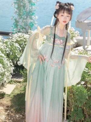 Lotus Fairy qixiong ruqun Hanfu dress shown from the front with lotus chest embroidery, pastel ombre colors, wide sleeves, and layered Tang Dynasty styling