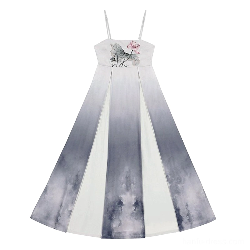 Lotus ink print adjustable strap ombre grey white maxi slip dress for modern Tang Dynasty Hanfu outfit