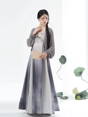 Lotus ink Tang Dynasty Hanfu ombre slip dress and grey cropped cardigan set front full body view