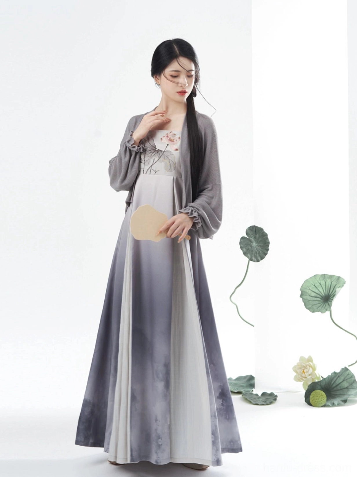 Lotus ink Tang Dynasty Hanfu ombre slip dress and grey cropped cardigan set front full body view