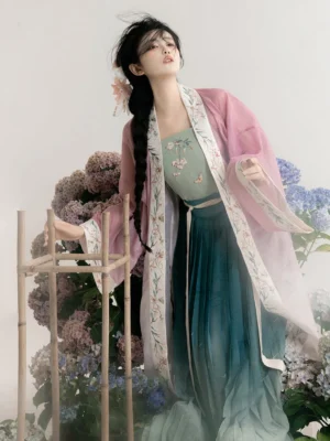 Lotus Pond Song Dynasty qiyao ruqun Hanfu complete set with pink sheer beizi, embroidered green camisole, and pleated gradient skirt front view