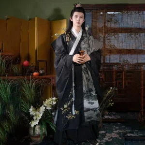 Lotus Pond Taoist robe hanfu for men with white cross collar inner layer, flowing wide sleeves, lotus artwork and decorative tassel sash