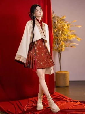 Side view of modern Lunar New Year Hanfu crop jacket and short burgundy mamian skirt styled with ankle boots