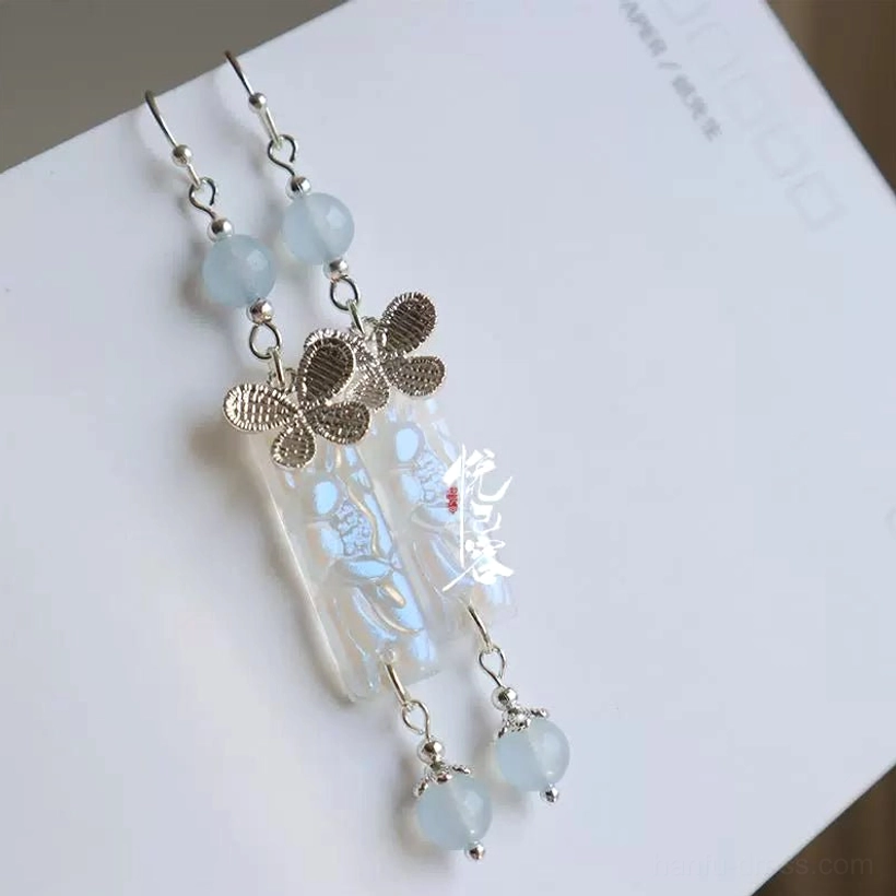 Luo Xinghe blue butterfly Hanfu drop earrings with translucent pendants blue beads and tassel details