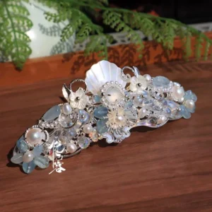 Luo Xinghe blue butterfly Hanfu hair crown with imitation pearls blue flowers and silver tone shell ornaments