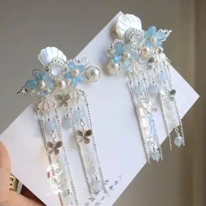 Luo Xinghe light blue Hanfu tassel hair clips with butterfly charms shell details and bead chain pendants