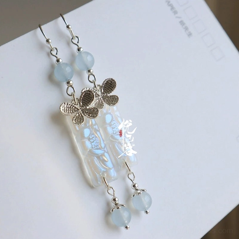 Single Luo Xinghe blue butterfly Hanfu drop earring with translucent pendant blue bead and tassel detail