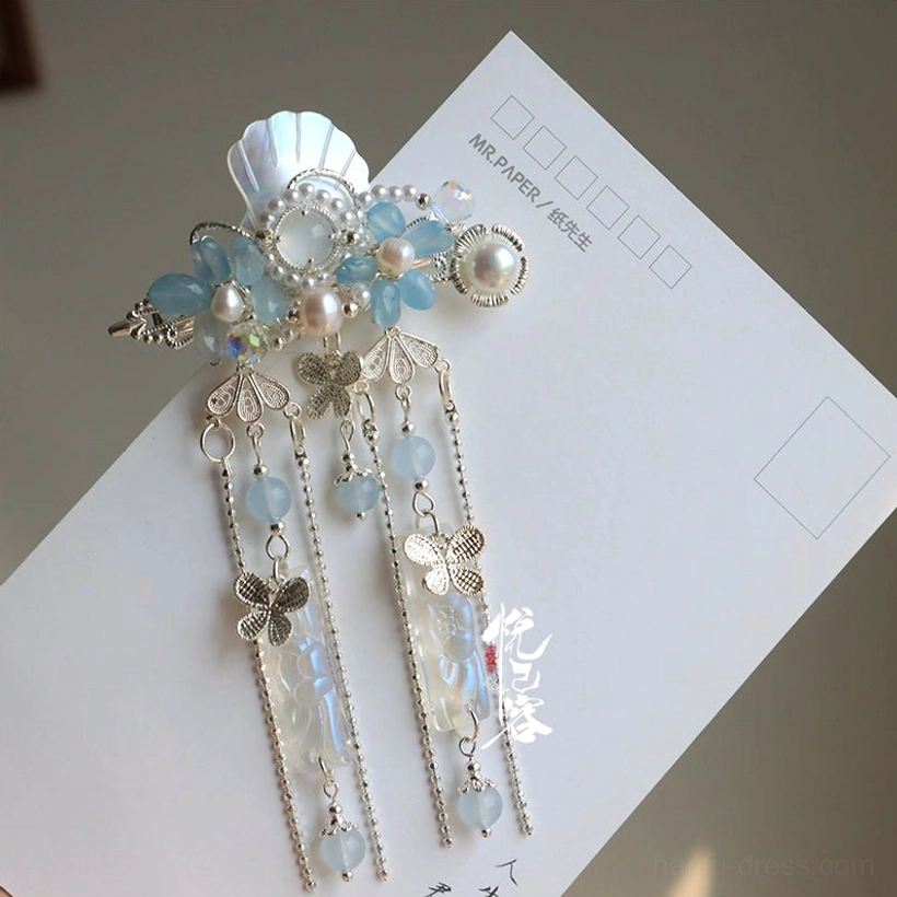 Single Luo Xinghe blue butterfly Hanfu hair clip with shell ornament floral accent and long tassel chains