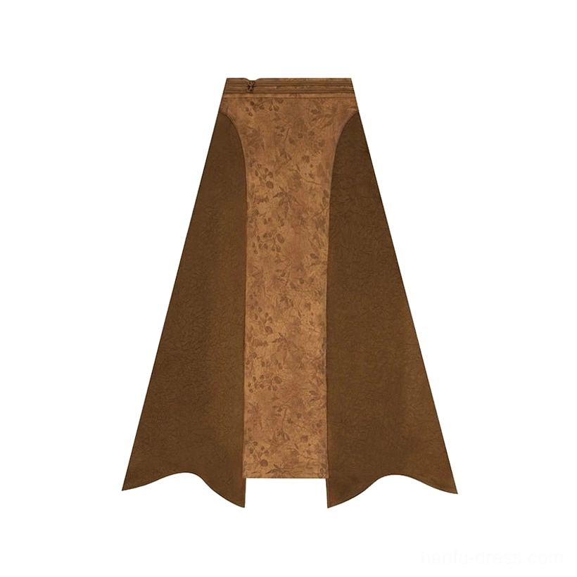 Luotong Pass two-tone brown asymmetrical Hanfu inspired skirt flat lay showing floral embossed panel and side zipper