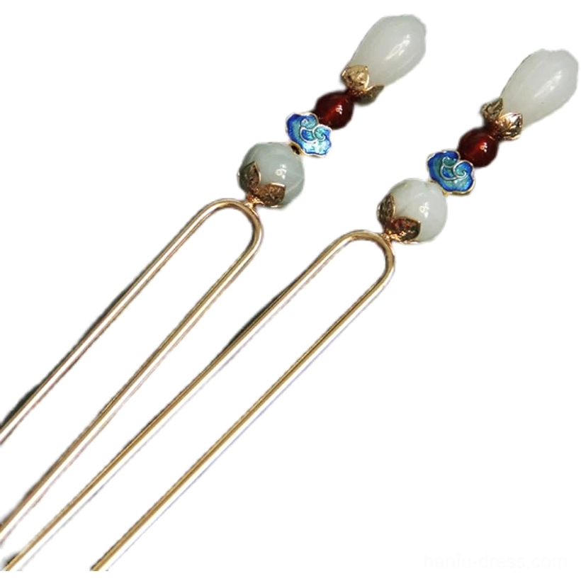 Double-pronged magnolia Chinese hair stick with gray jade beads, red agate accents, blue cloud ornament, and gold-tone details displayed on a plain background