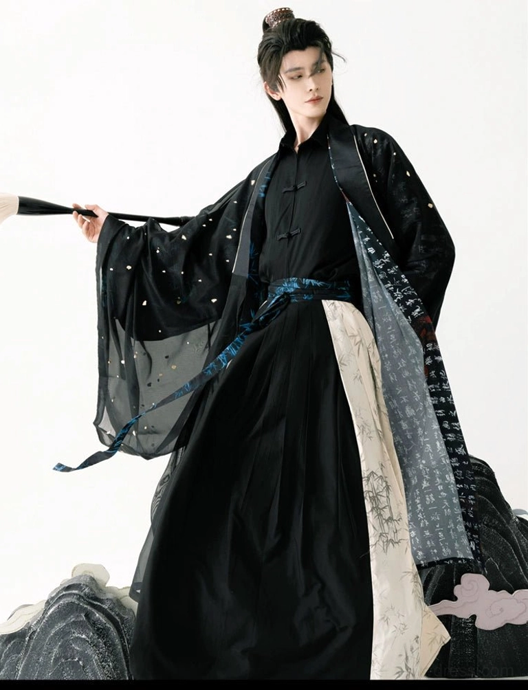 Three quarter side view of a male Ming inspired Hanfu costume with blue waist sash, sheer dotted robe, black inner shirt, flowing sleeves, and calligraphy skirt