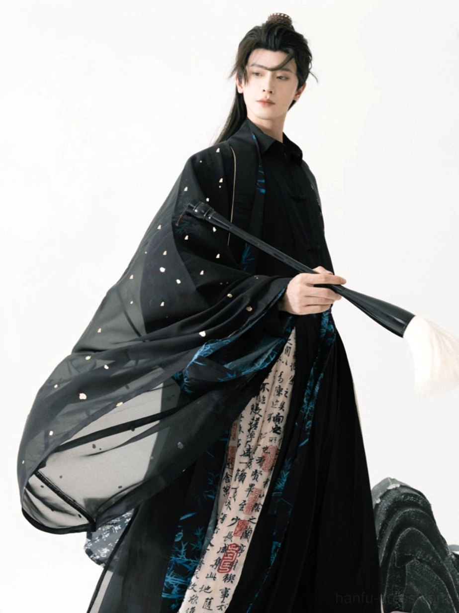 Back three quarter view of a male Taoist Hanfu ensemble with flowing sheer sleeves, sparkling dot details, black inner layers, and ancient calligraphy printed skirt