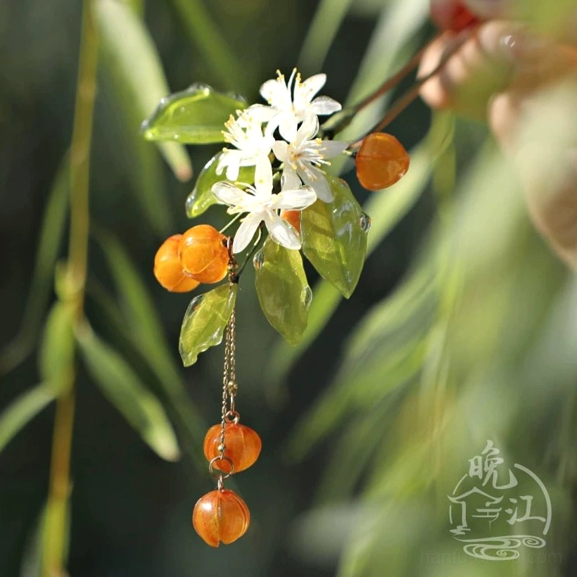 Mandarin oranges Chinese hair stick with translucent green foliage delicate white flowers orange citrus beads and elegant dangling pendant ornaments