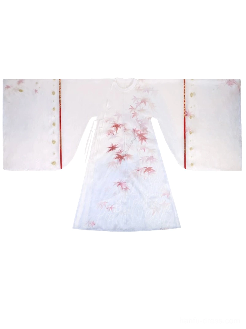 Flat lay of Maple Snow men hanfu outer robe in white with red maple leaf embroidery red sleeve trim and golden details
