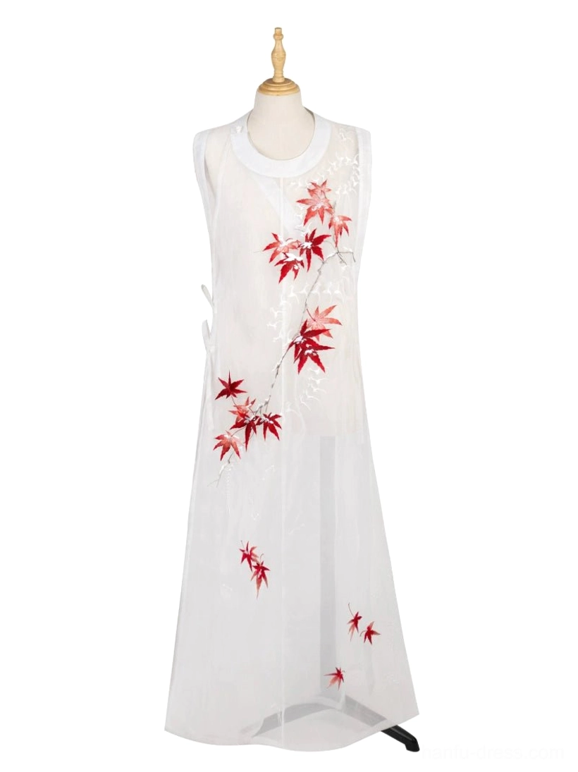 Maple Snow sleeveless hanfu vest for men displayed on mannequin with white sheer fabric red maple embroidery and long A-line silhouette