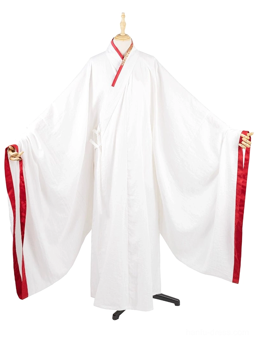 Maple Snow Song Dynasty inspired inner hanfu robe for men displayed on mannequin with round collar and red trim