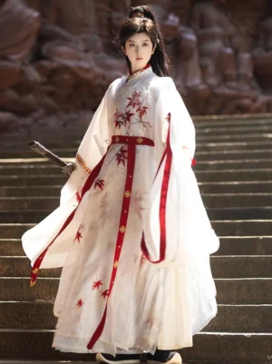 Maple Snow Song Dynasty round collar hanfu for men with red maple embroidery shown in full front view on stone stairs