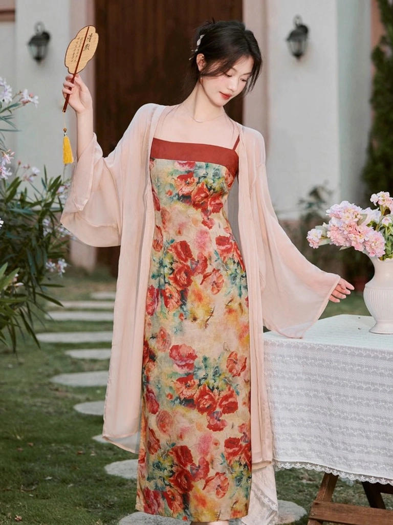Side view of warm floral print modern Hanfu dress with burgundy square neckline side slit and pink chiffon cardigan