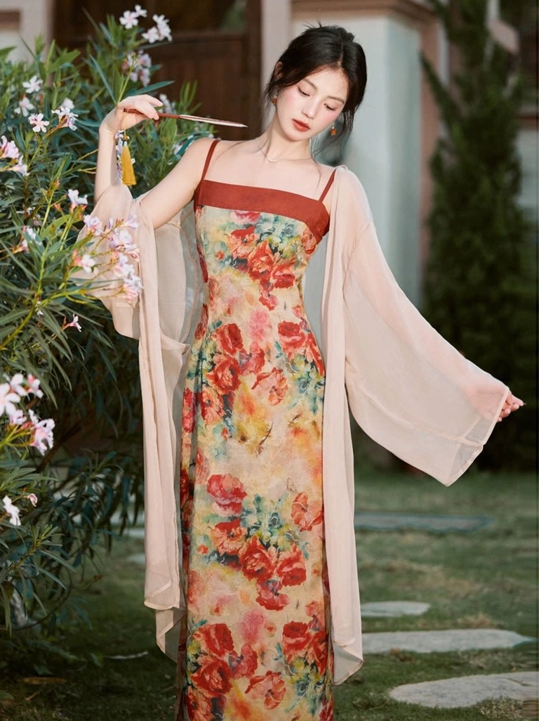 Marigold floral modern Hanfu slip dress with sheer light pink wide sleeve cardigan in a blooming garden courtyard
