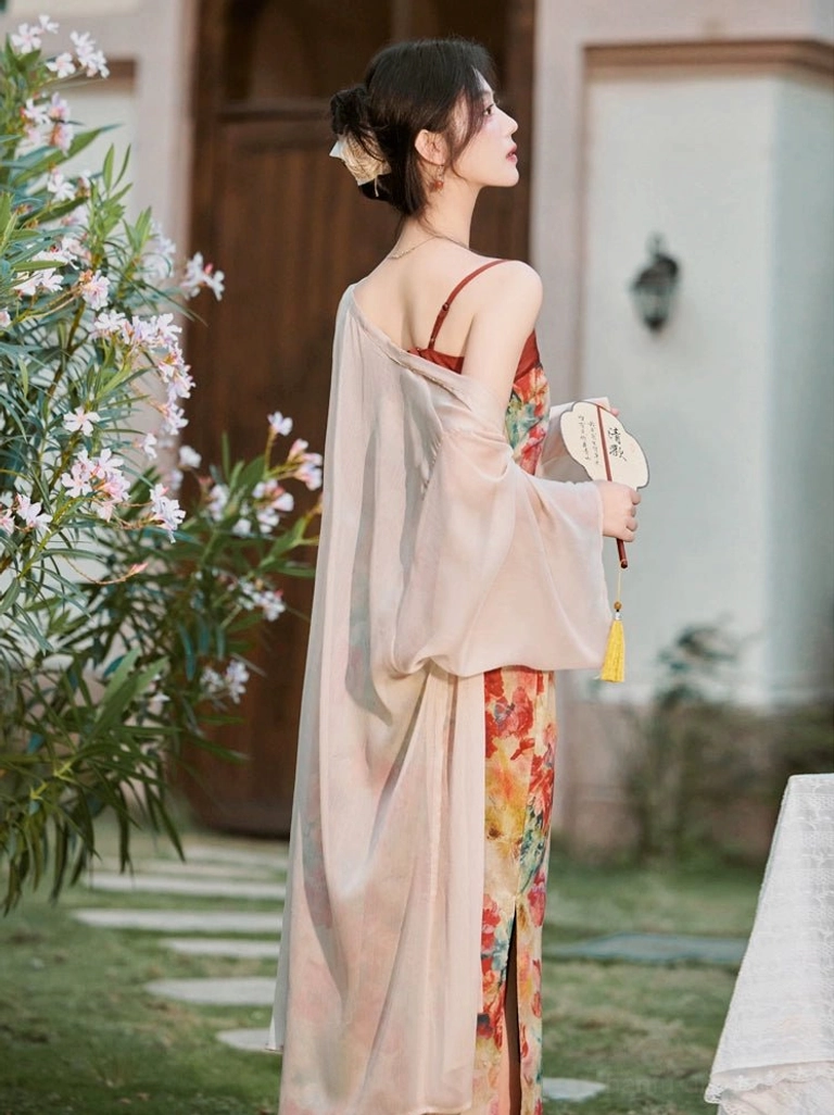 Back side view of floral modern Hanfu slip dress with open back straps and flowing sheer chiffon cardigan