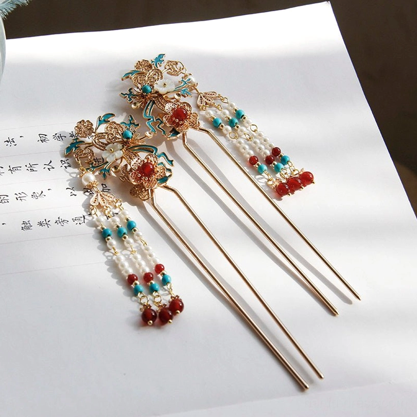 Matched set of Chinese vintage tassel hair sticks with gold floral filigree blue enamel details red bead inlays and imitation pearl bead tassels