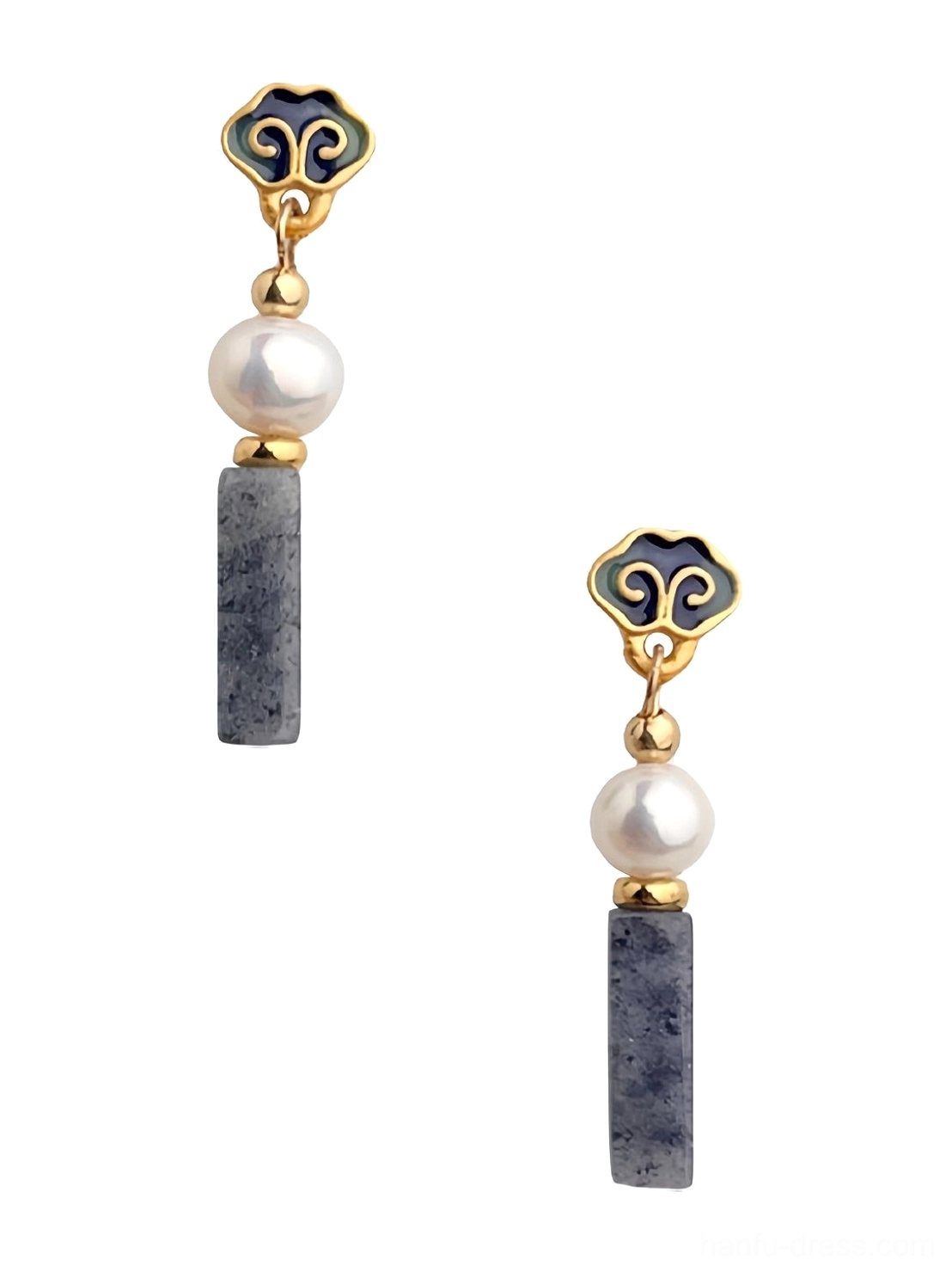 Matching pair of Chinese auspicious cloud drop earrings with golden cloud accents, pearls, and textured blue-gray pendants arranged on white