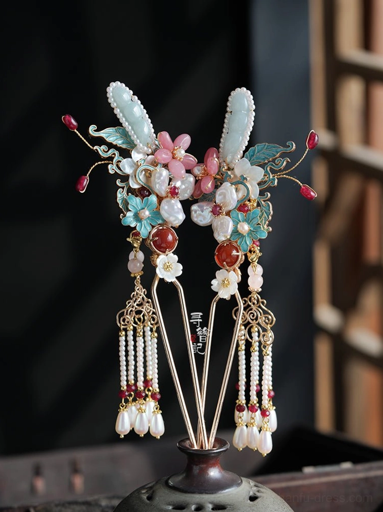 Pair of matching Hanfu side hanging hairpins with symmetrical floral design imitation jade blue cloisonne details red beads and complete pearl tassel ornaments