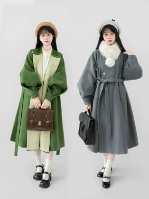 Front view of matching green and gray modern Hanfu long coats with layered styling, puff sleeves, and elegant traditional Chinese-inspired silhouettes