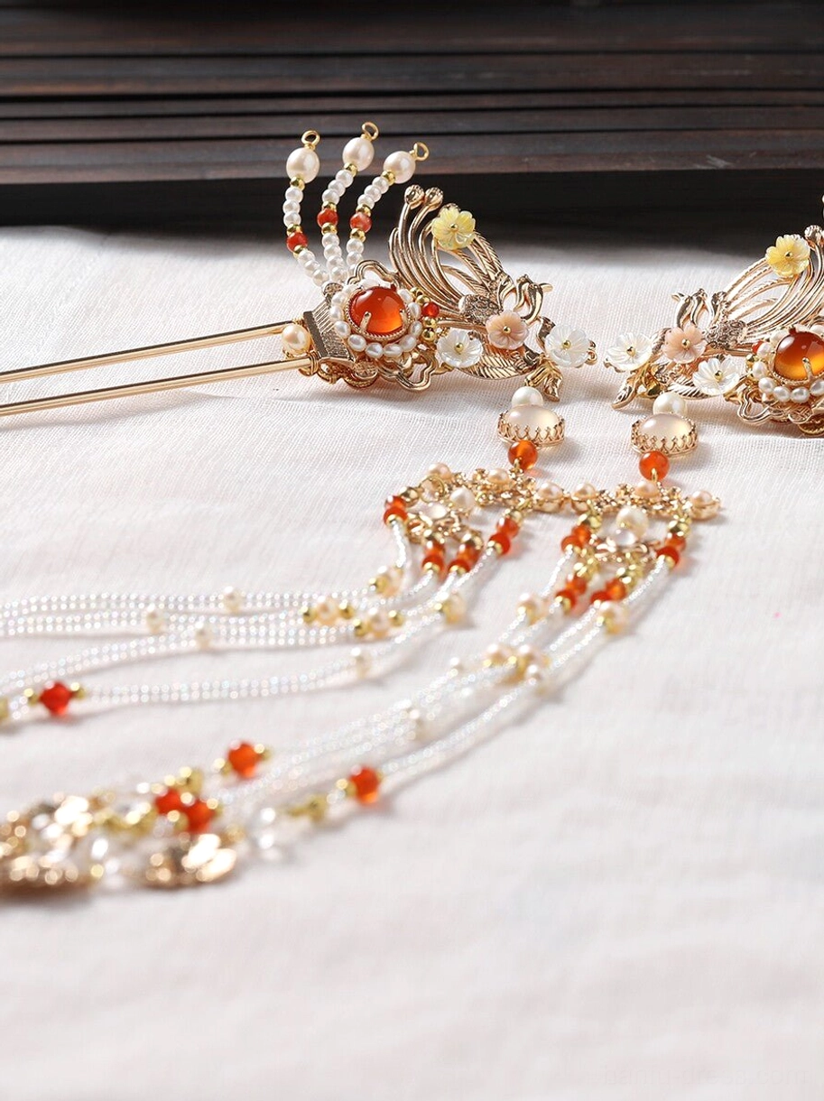 Matching pair of phoenix Chinese hair sticks with gold tone ornament red stones pearl-like beads and long layered tassels