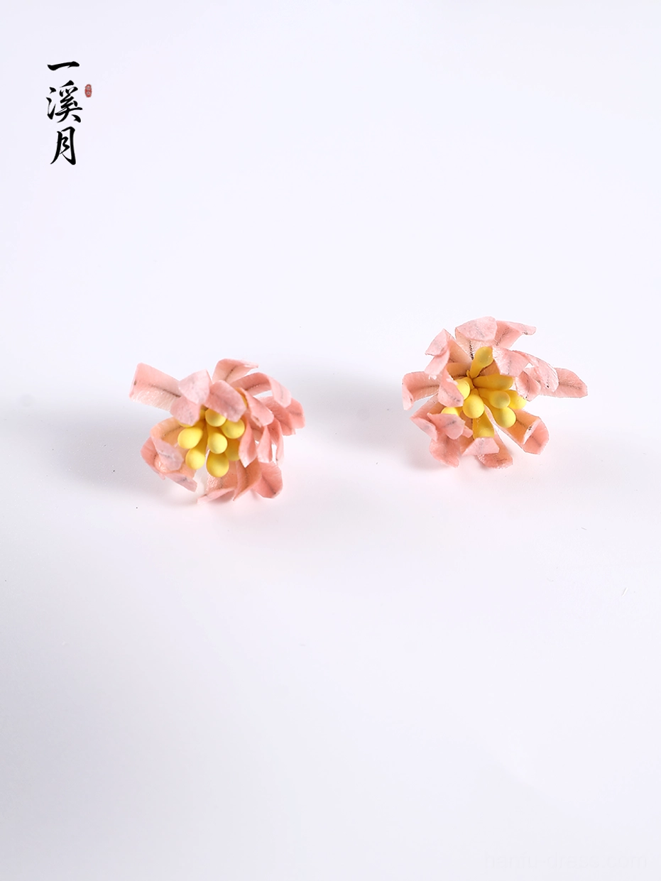 Matching pink velvet flower stud earrings featuring soft chrysanthemum petals and bright yellow inner stamens on a white background